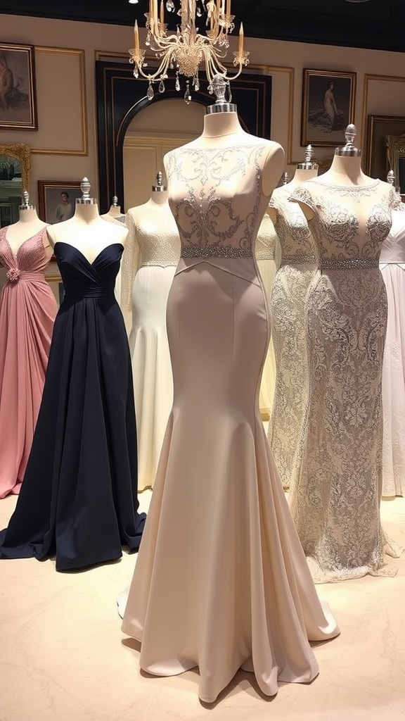Elegant dinner gowns in various styles and colors displayed in a boutique.